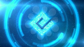 Blue Energi symbol centered on a starscape background with HUD elements.