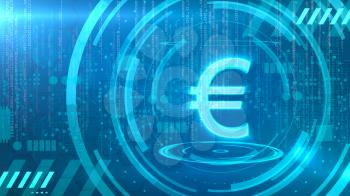 Euro symbol on a cyan background with HUD elements related to computer technology.