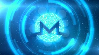 Blue Monero symbol centered on a starscape background with HUD elements.