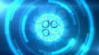 Blue Omisego symbol centered on a starscape background with HUD elements.