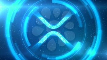 Blue Ripple XRP symbol centered on a starscape background with HUD elements.