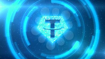 Blue Tether symbol centered on a starscape background with HUD elements.
