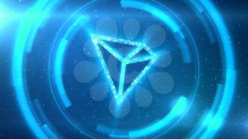 Blue TRON symbol centered on a starscape background with HUD elements.