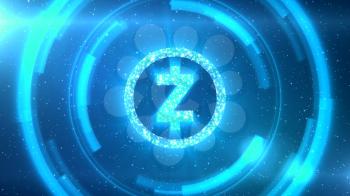 Blue Zcash symbol centered on a starscape background with HUD elements.