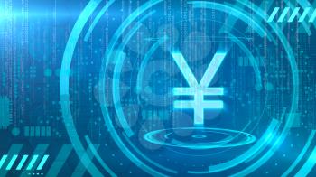 Yen symbol on a cyan background with HUD elements related to computer technology.