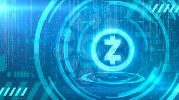 Zcash symbol on a cyan background with HUD elements related to computer technology.