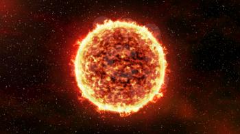 The Sun burning brightly on a stellar background. Computer generated illustration.