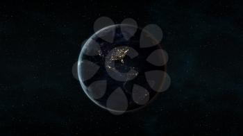 Planet Earth at night (also known as Black Marble) centered on the North and South American continents. 3D computer generated image. Elements of this image are furnished by NASA.