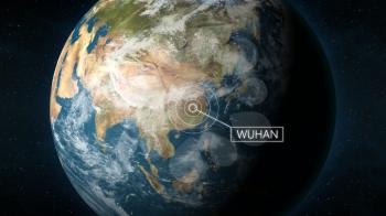 3D Illustration depicting the location of Wuhan, the capital of province Hubei, China, on a globe seen from space. Wuhan is known for the 2019 and 2020 coronavirus outbreak.