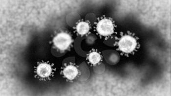 Realistic computer-generated micrograph showing a group of coronavirus particles as seen under a transmission electron microscope.