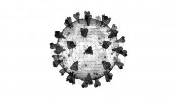 3D wireframe of a single coronavirus particle on a white background.