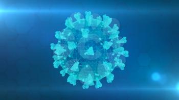 3D wireframe of a single coronavirus particle on a blue background.