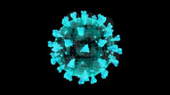 3D wireframe of a single coronavirus particle on a black background.