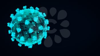 Cyan-colored coronavirus particle on a dark blue background. 3D wireframe render. Copyspace on the right.
