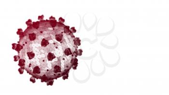 Dark red coronavirus particle on a white background. 3D wireframe render. Copyspace on the right.