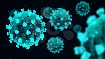 Multiple cyan-colored coronavirus particles on a dark blue background. 3D wireframe render.
