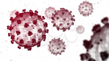 Multiple dark red coronavirus particles on a white background. 3D wireframe render.