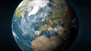 3D illustration depicting the location of Berlin, Germany on a globe seen from space.