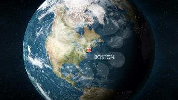 3D illustration depicting the location of Boston, Massachusetts in the United States of America, on a globe seen from space.