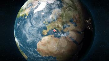 3D illustration depicting the location of Rome, Italy on a globe seen from space.