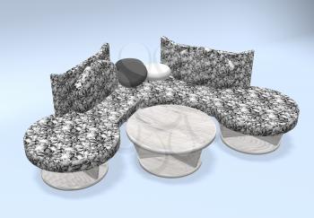 divan with floral fabric and table. 3d illustration