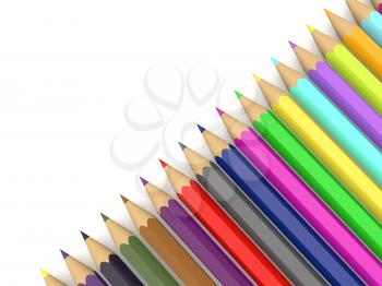 Colored bright pencils on a white background. 3d render illustration.