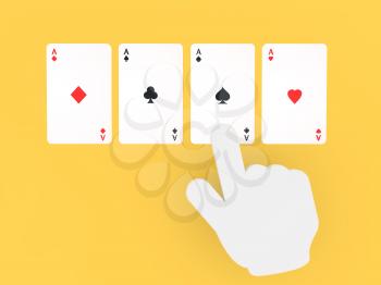Hand pointing on playing cards. 3d render illustration.