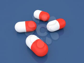 Medicinal tablets on a blue background. 3d render illustration.