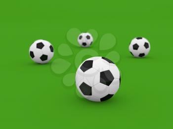 Soccer balls on green background. 3d rendering.