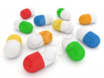 Colored pills on a white background. 3d render illustration.