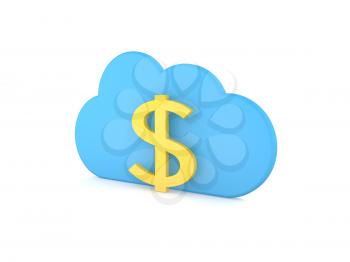 Dollar sign and symbol of the cloud business in the network. 3d render illustration.