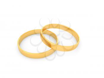 Gold wedding rings on a white background. 3d render illustration.