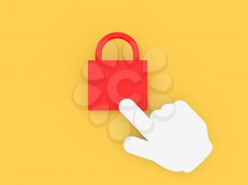 Hand cursor clicks on the padlock on a yellow background. 3d render illustration.