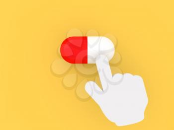 Hand cursor presses points on a medical pill. 3d rendering illustration.
