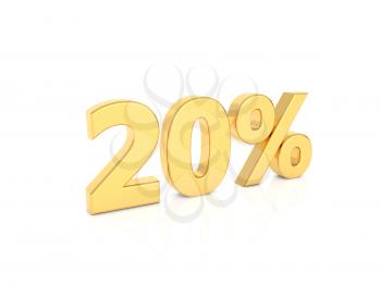 20% gold numbers on a white background. 3d render illustration.