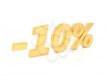 Discount -10 percent gold numbers on a white background. 3d render illustration.