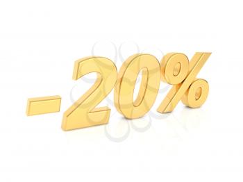Discount -20 percent gold numbers on a white background. 3d render illustration.