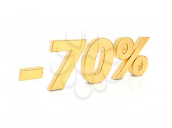 Discount - 70 percent gold numbers on a white background. 3d render illustration.