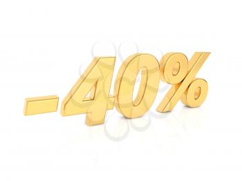 Discount - 40 percent gold numbers on a white background. 3d render illustration.