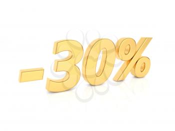Discount -30 percent gold numbers on a white background. 3d render illustration.