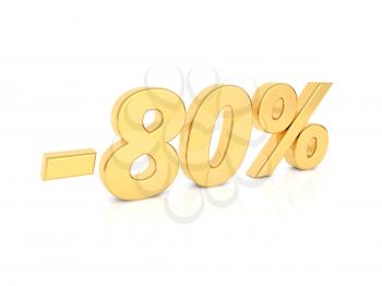 Discount - 80 percent gold numbers on a white background. 3d render illustration.