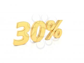 30% gold numbers on a white background. 3d render illustration.