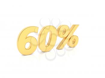 60% gold number on a white background. 3d render illustration.
