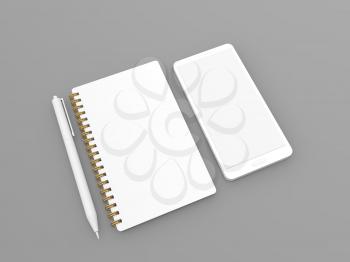 Blank white notebook pen and mobile phone on gray background. 3d render illustration.