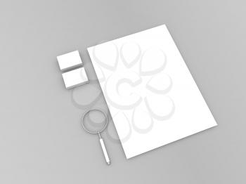 Sheet of paper magnifying glass and business cards on a gray background. 3d render illustration.