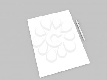 Pen and a sheet of white paper on a gray background. 3d render illustration.