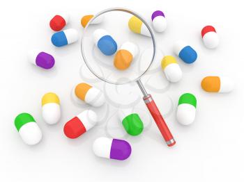 Medical pills and magnifying glass on a white background. 3d render illustration.