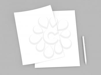 Empty sheets of white paper and pen mock up on gray background. 3d render illustration.