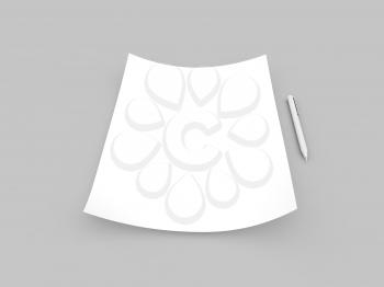 White paper sheet and pen mockup on gray background. 3d render illustration.