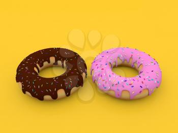 Delicious donuts on a yellow background. 3d render illustration.
